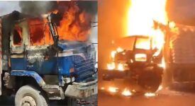 In Karachi, transporters protest and block entries after trucks set fire.